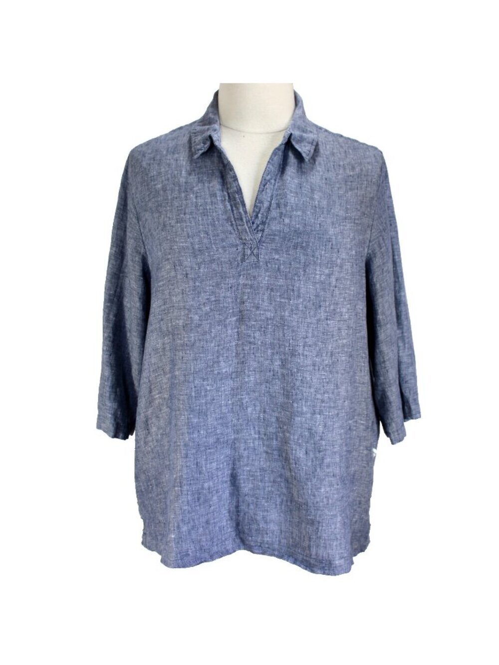 Sigrid Olsen Linen Popover Blouse Womens Size 1X Blue 3/4 Sleeve Collared Top